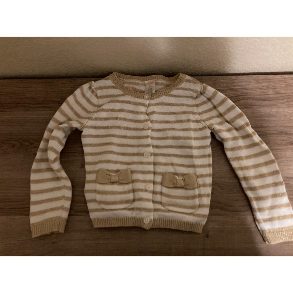 Gymboree Sparkly Gold and White Striped Cardigan Sweater 2T Bow Pockets Cotton